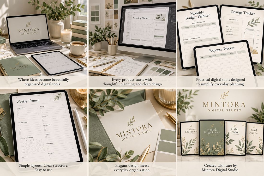 Mintora planners on desk and tablet